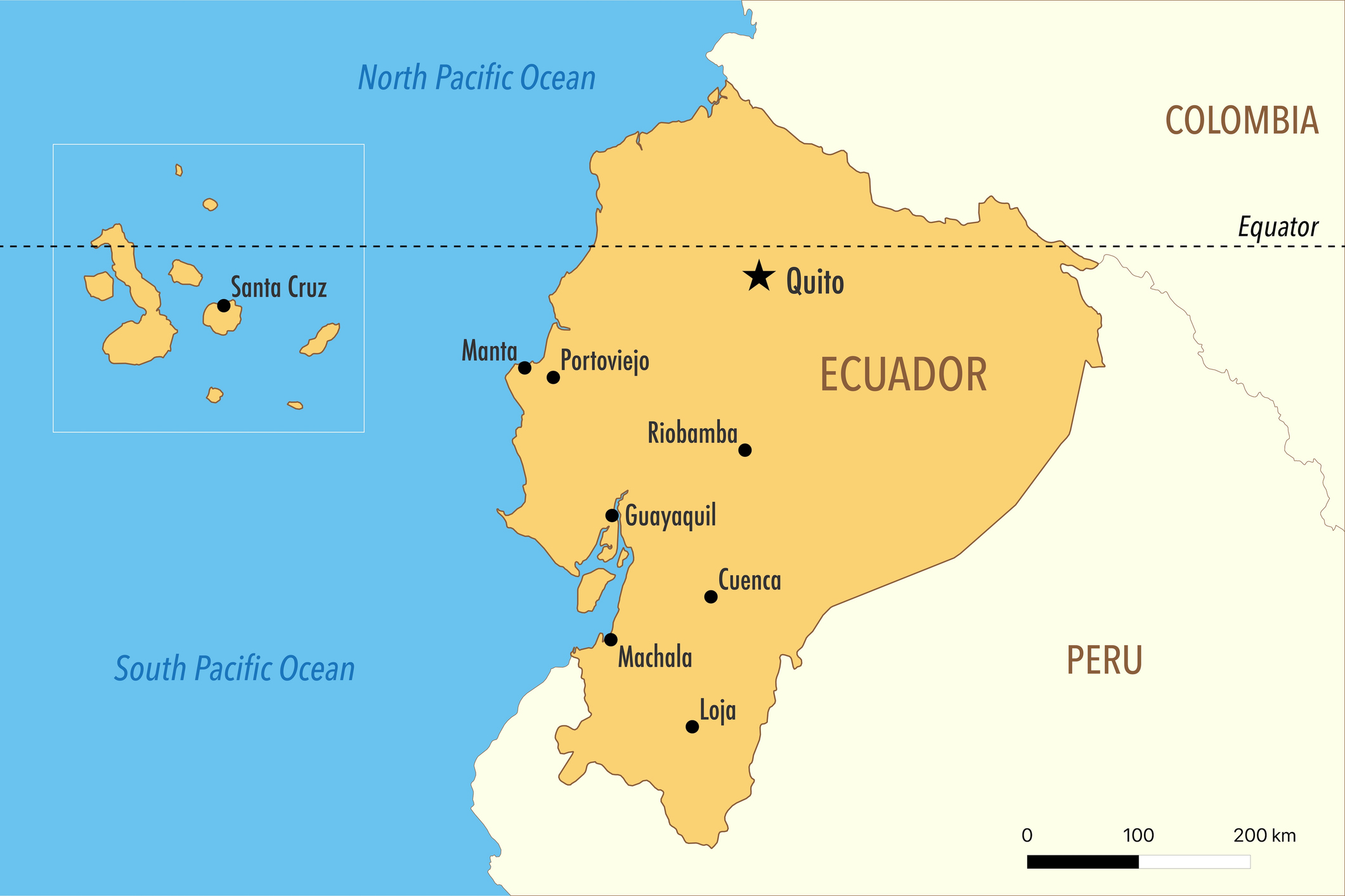 Map of Ecuador with Major Cities, Galapagos Islands and Equator Line.