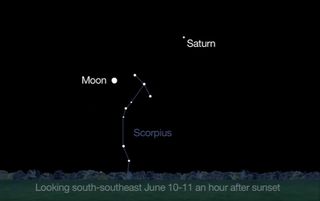 The moon, ringed planet Saturn and constellation Scorpius offer a dazzling night sky target on June 10-11, 2014 in this NASA graphic.