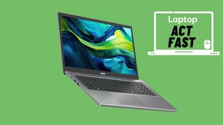 Acer Aspire Go 15 open on a green background with a &quot;Laptop Act Fast&quot; badge in the upper-right corner