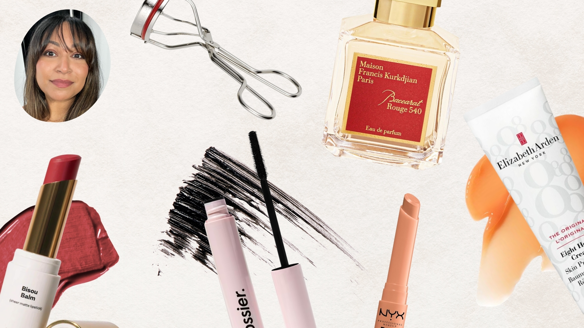 Collage of Aleesha Badkar's all-time favourite beauty products on a beige background, including a Kevin Aucoin eyelash curler, Violette_FR lipstick, Glossier Lash Slick mascara, NYX peach colour corrector, Elizabeth Arden Eight Hour Cream and Maison Francis Kurkdjian Baccarat Rouge 540 Eau de parfum