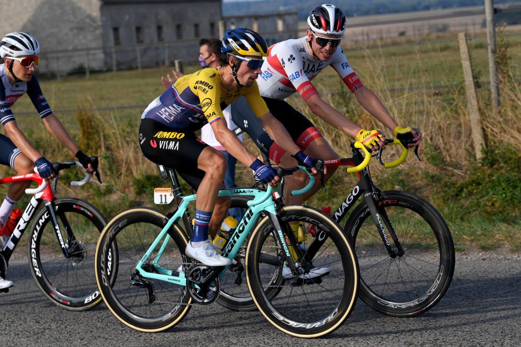 PARIS FRANCE SEPTEMBER 20 Primoz Roglic of Slovenia and Team Jumbo Visma Vegard Stake Laengen of Norway and UAE Team Emirates during the 107th Tour de France 2020 Stage 21 a 122km stage from MantesLaJolie to Paris Champslyses TDF2020 LeTour on September 20 2020 in Paris France Photo by Tim de WaeleGetty Images