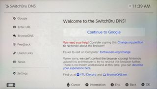 How to use the hidden web browser on switch and switch lite: click continue to Google