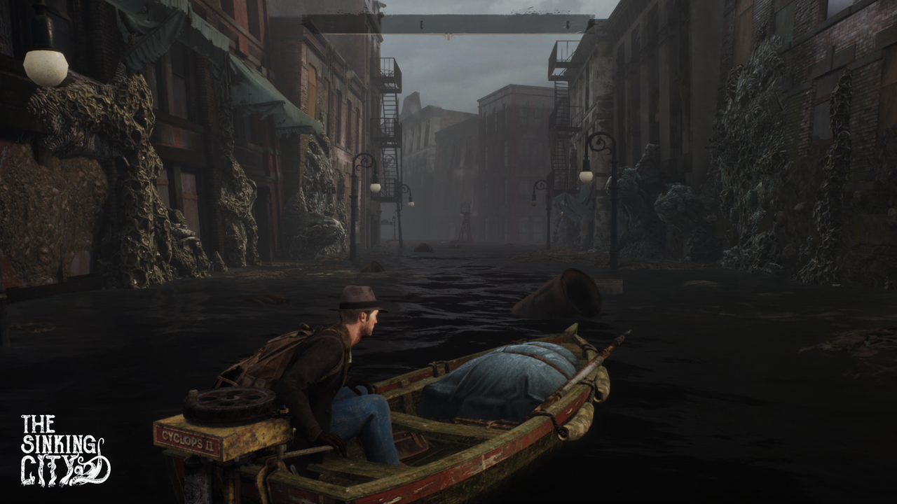 A boat ride through the flooded streets in the original The Sinking City.