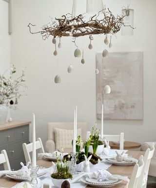hanging easter wreath over the easter lunch table