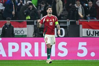Hungary Euro 2024 squad Hungary's forward Dominik Szoboszlai celebrates scoring the opening goal from the penalty spot during the friendly football match between Hungary and Turkey in Budapest on March 22, 2024. (Photo by Attila KISBENEDEK / AFP) (Photo by ATTILA KISBENEDEK/AFP via Getty Images)