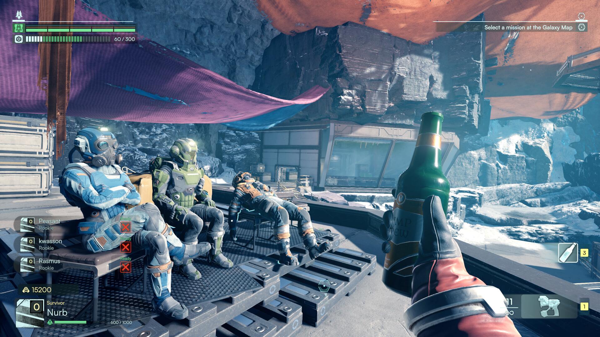 A player raises a bottle of beer to his co-op partners in Jump Space