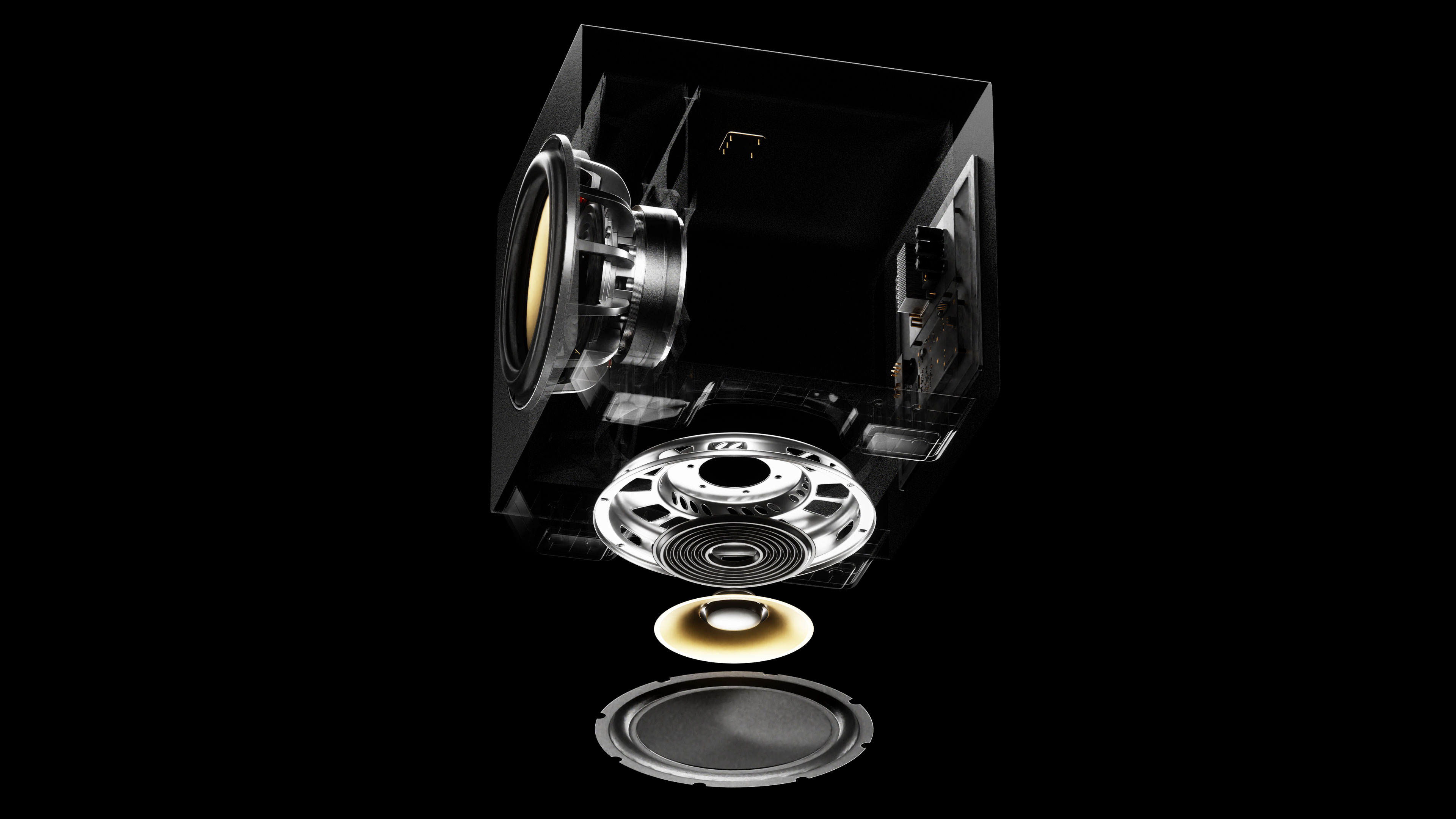 The Nakamichi Dragon alternative subwoofer with its individual speakers and drivers exposed on a black background