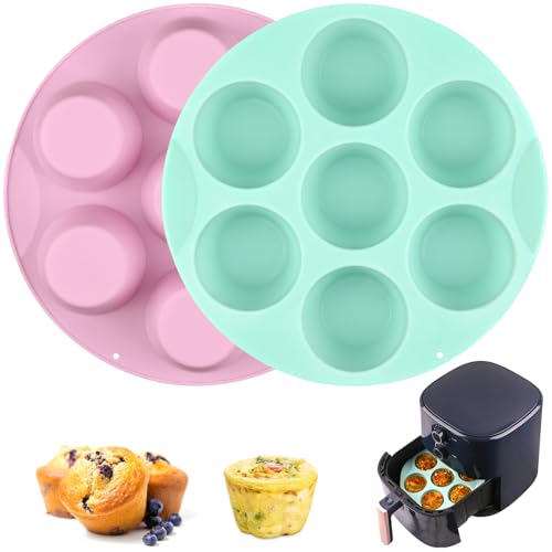 Sakolla 2 Pack Silicone Egg Bite Molds for Air Fryer, Nonstick 7 Cups Air Fryer Muffin Pan for Baking Egg Bite, Mini Muffins, Tart, Mini Cupcake and Quiche (pink + Green)