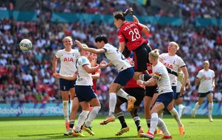 Rachel Williams of Manchester United heads the ball to score her team's second goal during the Adobe Women's FA Cup Final match between Manchester United and Tottenham Hotspur at Wembley Stadium on May 12, 2024 in London, England.