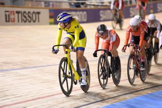 Amber Joseph competing for Barbados in track cycling 2021