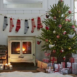Christmas stockings above a fire