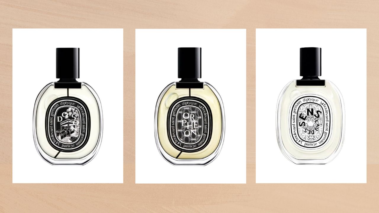 Collage of three of the best Diptyque perfumes featured in this guide (left-right): Do Son, Orpheon and Eau des Sens, set against a warm beige watercolour-style background