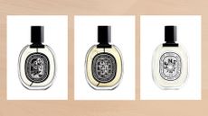 Collage of three of the best Diptyque perfumes featured in this guide (left-right): Do Son, Orpheon and Eau des Sens, set against a warm beige watercolour-style background