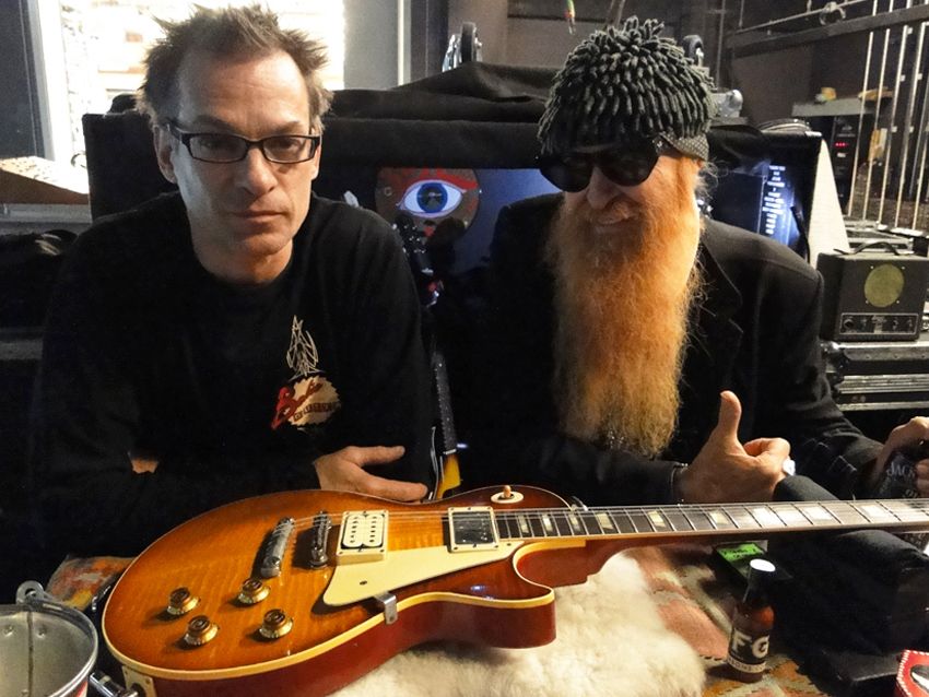 Guitar tech Elwood Francis and ZZ Top's Billy Gibbons with a John Bolin-built Pearly Gates replica