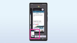 Screenshot of a Google Pixel 6 on a blue background, showing the popup for screenshots