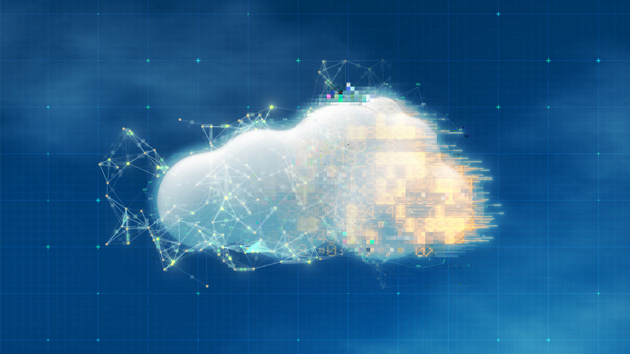 A cloud surrounded by digital lines and pixels to represent cloud opportunities and the channel.