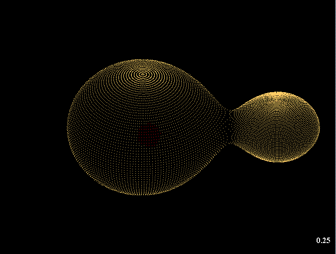 The yellow mesh shows the contact binary star system KIC 9832227, in which the atmospheres of the stars overlap. The radius of the larger star is 40 times the radius of the sun.