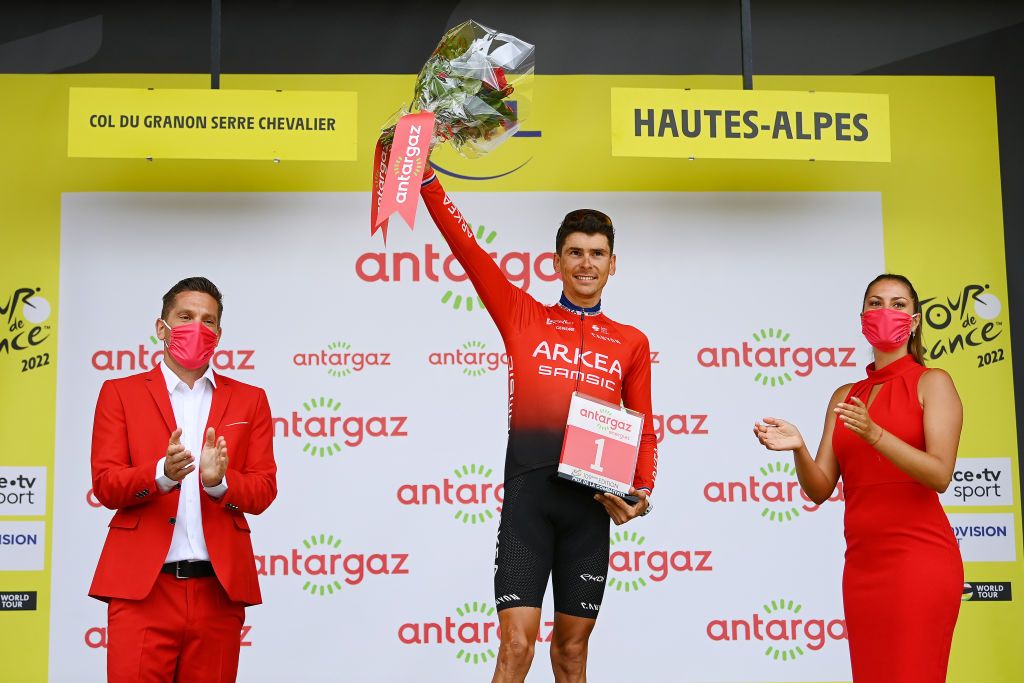 SERRE CHEVALIER FRANCE JULY 13 Warren Barguil of France and Team Arka Samsic celebrates at podium as Most Combative Rider prize winner during the 109th Tour de France 2022 Stage 11 a 1517km stage from Albertville to Col de Granon Serre Chevalier 2404m TDF2022 WorldTour on July 13 2022 in Col de GranonSerre Chevalier France Photo by Tim de WaeleGetty Images