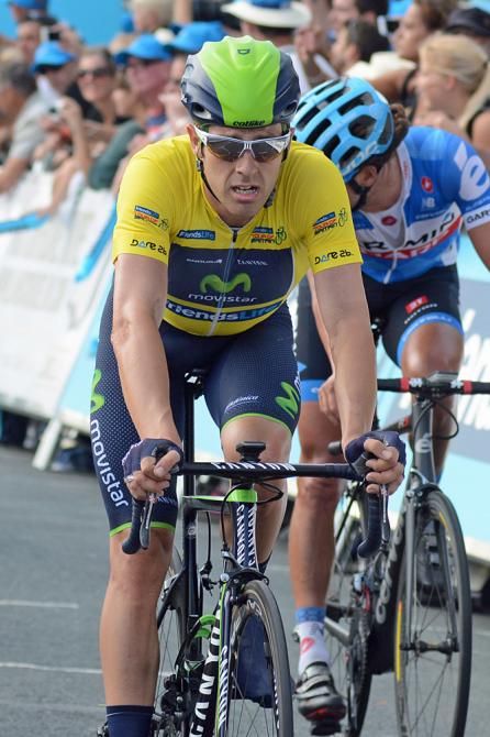Alex Dowsett (Movistar) in yellow at the Tour of Britain