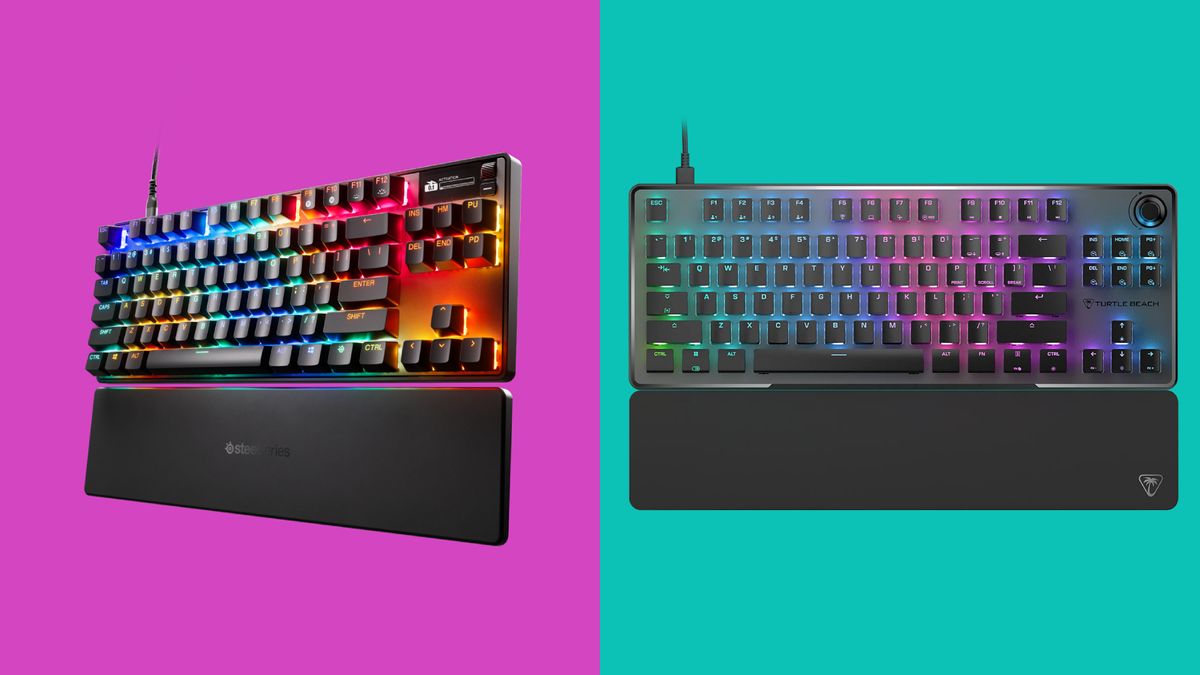 SteelSeries Apex Pro TKL Gen 3 and Turtle Beach Vulcan 2 TKL Pro on a blue and pink background