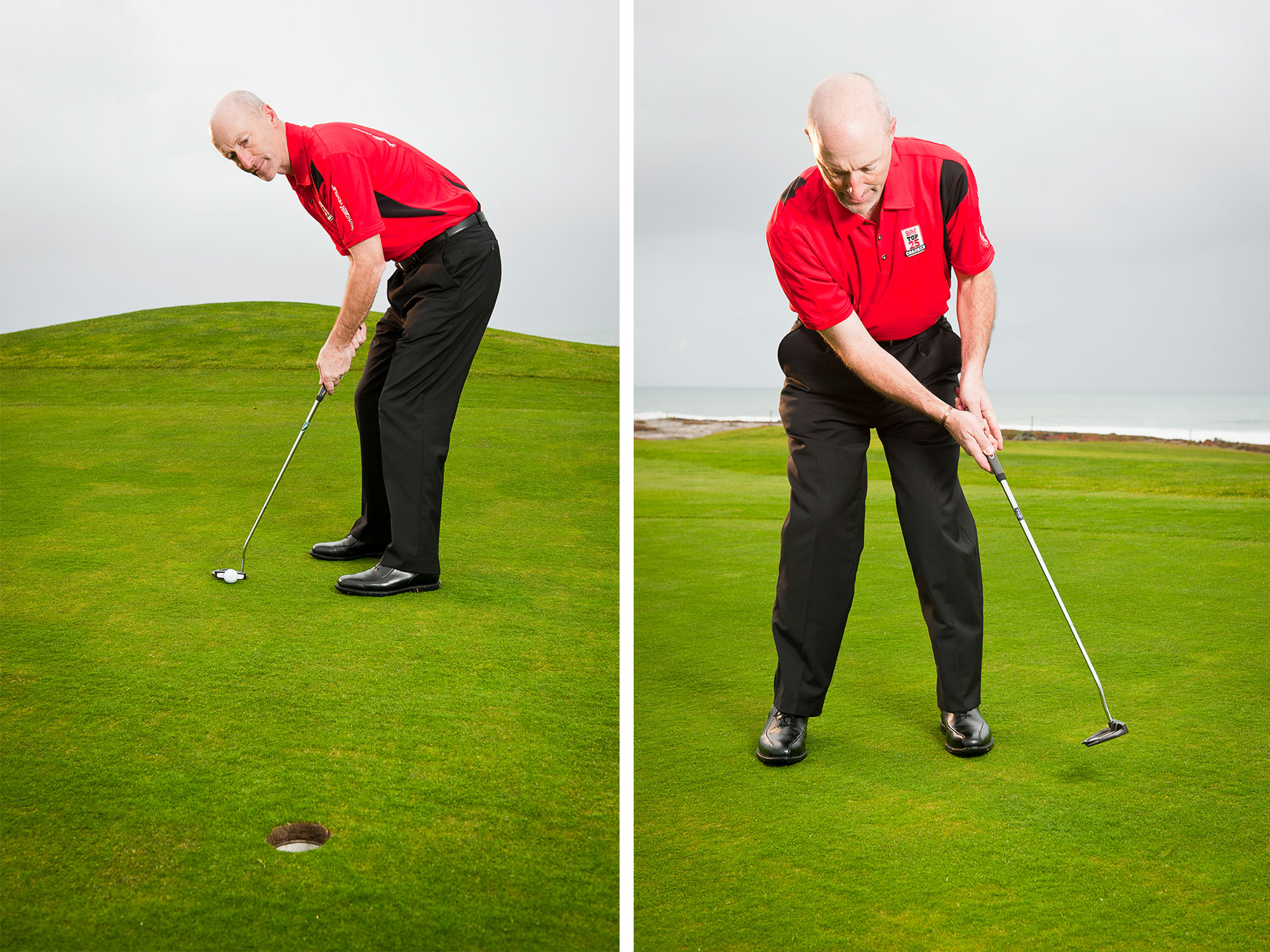 Barney Puttick demonstrating two putting drills, one on the left where he looks directly at the hole throughout the stroke, and another on the right where he keeps his head down through impact until the putter head paces his lead foot