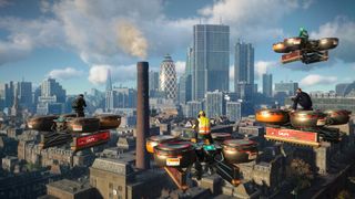 Promotional screenshot of players riding drones in Watch Dogs: Legion