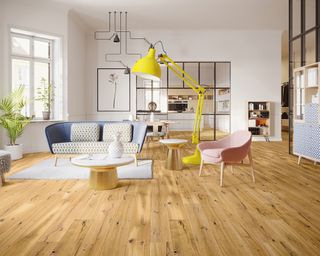 Rustic oak engineered wood flooring in open plan living space