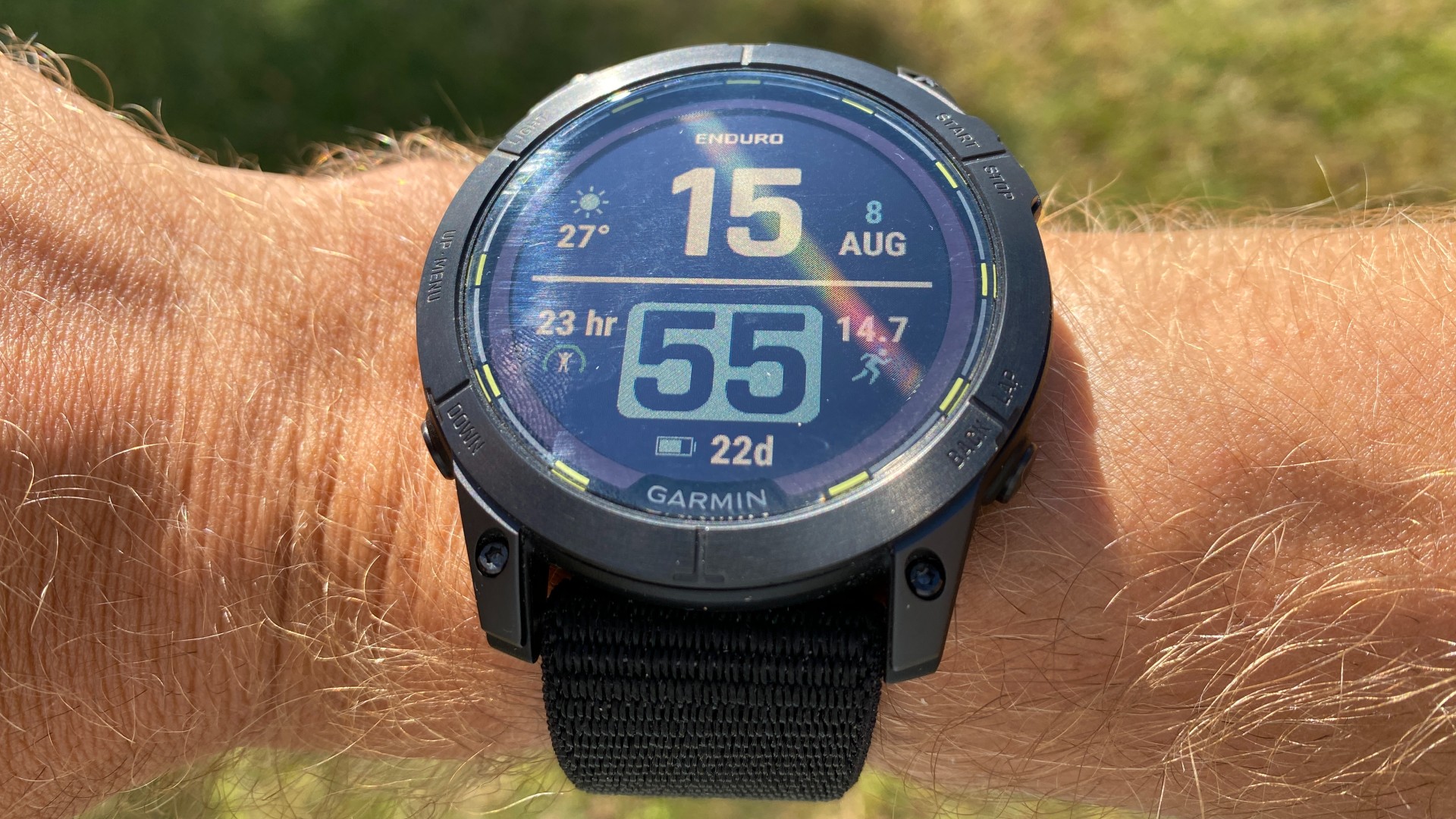 Garmin Enduro 2 multisport GPS watch screen in bright sunlight