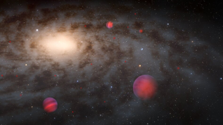 An illustration of several faint brown dwarfs surrounding a galaxy, viewed from a perspective slightly above the disk. The galaxy occupies the upper left quadrant of the image as a glowing disk extending out of view. The galaxy’s center is a bright yellow glow in the upper left. The bright center rapidly fades to a more subtle glow in the outskirts of the galaxy. Dark dust clouds spiral outward from the center and obscure some of the glow. Two fully illustrated brown dwarfs are visible at the center of the image and to the left, glowing red-orange and with horizontal stripes representing bands of clouds. Several reddish points of varying sizes dot the galaxy farther away, representing the ancient brown dwarfs that could be detectable by Rubin Observatory. The background is black sprinkled with the white pinpricks of distant galaxies.