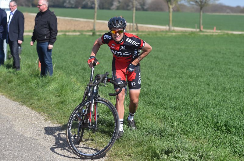 Damiano Caruso (BMC) took the wrong line into a corner and hit the ground hard