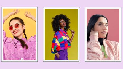 three women wearing colorful clothing to illustrate color analysis against a pink background