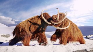 Ilustração de dois mamutes peludos lutando durante uma era glacial.