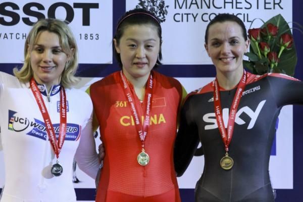 The women's Keirin podium Clara Sanchez (France), Shuang Guo (China) and Victo