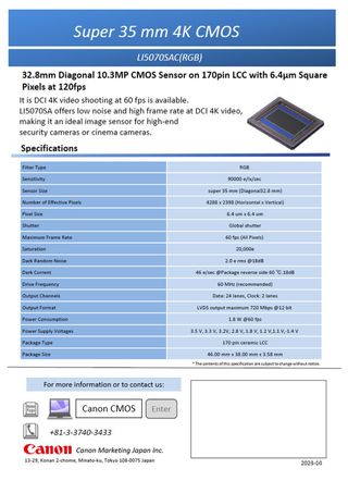 Poster displaying the specs of the Canon LI5070SAC(RGB) sensor