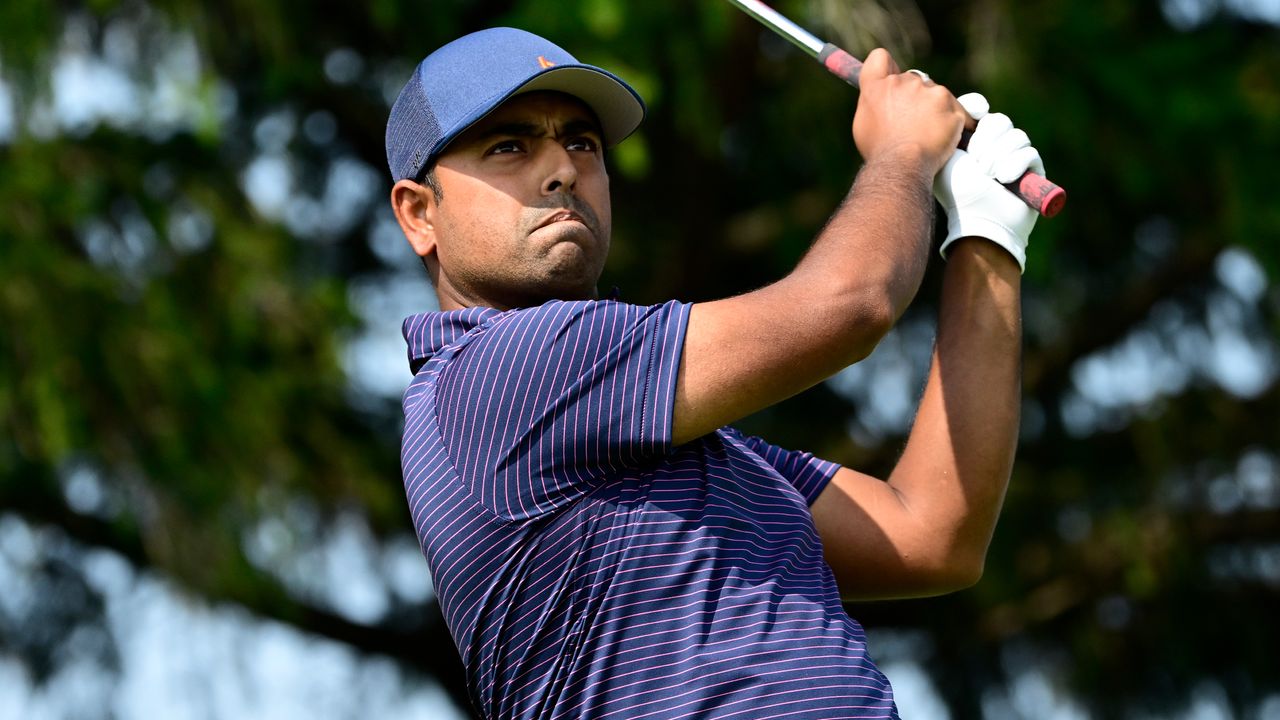 Anirban Lahiri takes a shot during the 2022 LIV Golf Chicago event