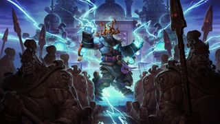 A blue man throws lightning bolts around in World of Warcraft artwork.