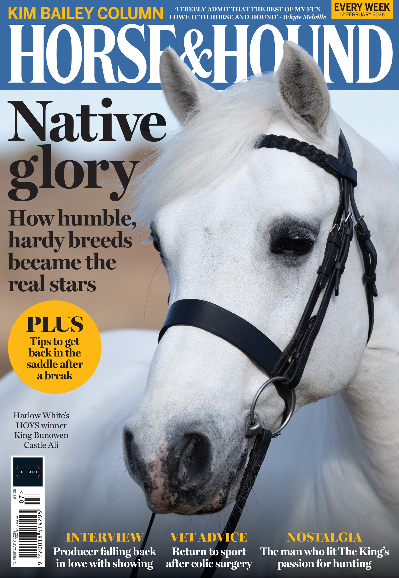 Cover of Horse &amp; Hound magazine, on sate Thursday 12 February 2026, featuring an image of a grey Connemara pony