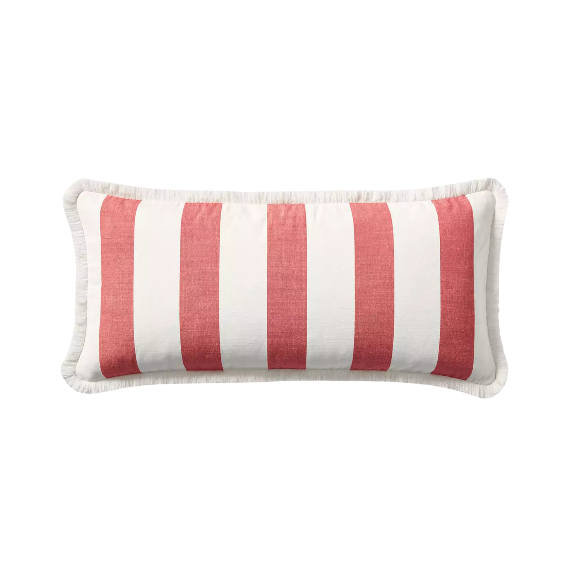 A white and pink striped outdoor pillow cover