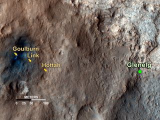 This map shows the path on Mars of NASA's Curiosity rover toward Glenelg, an area where three terrains of scientific interest converge. Arrows mark geological features encountered so far that led to the discovery of what appears to be an ancient Martian streambed. Image released September 27, 2012.