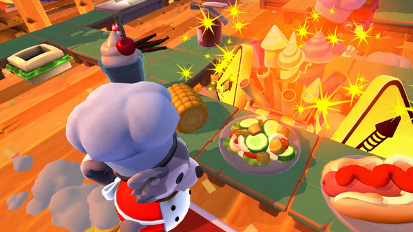 Overcooked screenshot of a chef cooking a meal surrounded by fireworks