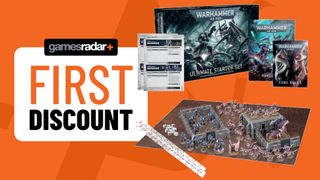 A 'first discount' badge beside the Warhammer 40,000 Ultimate Starter Set box and contents