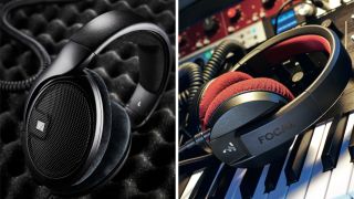 Split image showing Sennheiser headphones on the left and Focal headphones on the right