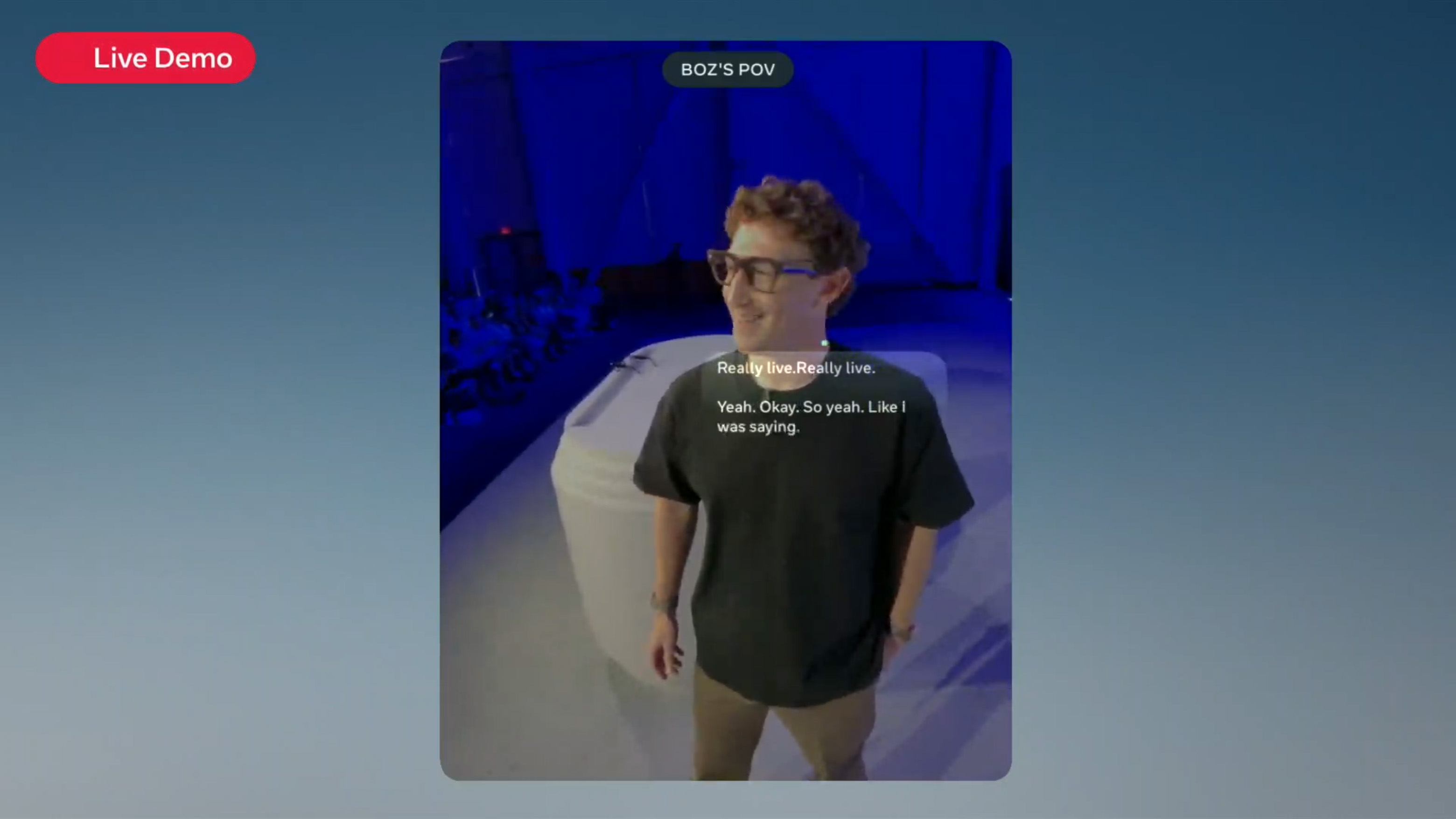 Boz and Mark Zuckerberg on stage demoing the live captions feature of Meta Ray-Ban Display Glasses