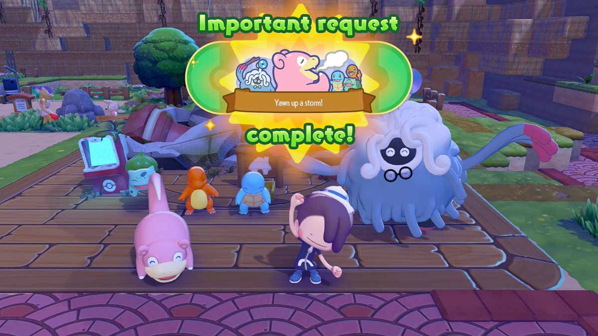 Pokémon celebrate completing a request in Pokopia