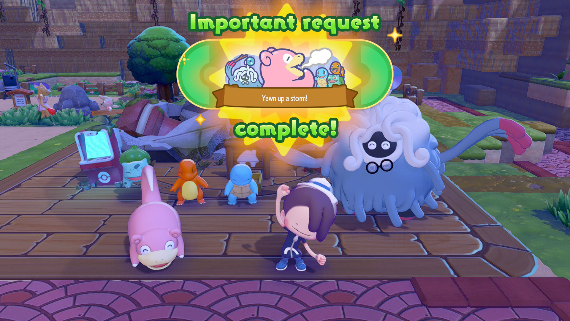 Pok&amp;eacute;mon celebrate completing a request in Pokopia