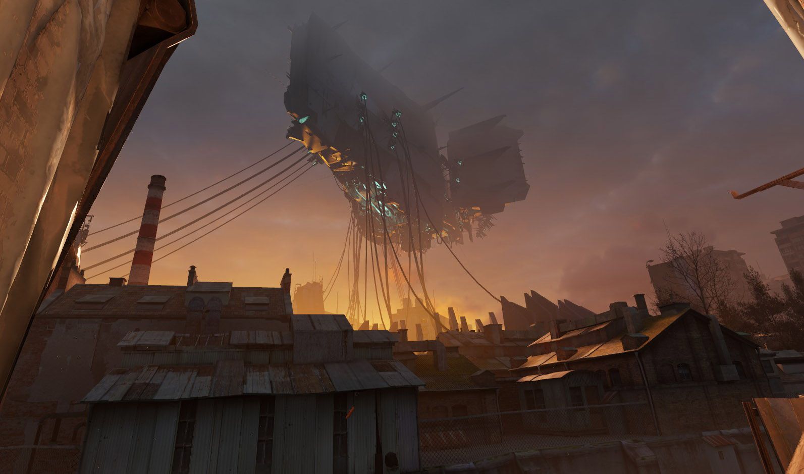 Half-Life Alyx mostrando uma instalação Combine suspensa sobre a cidade