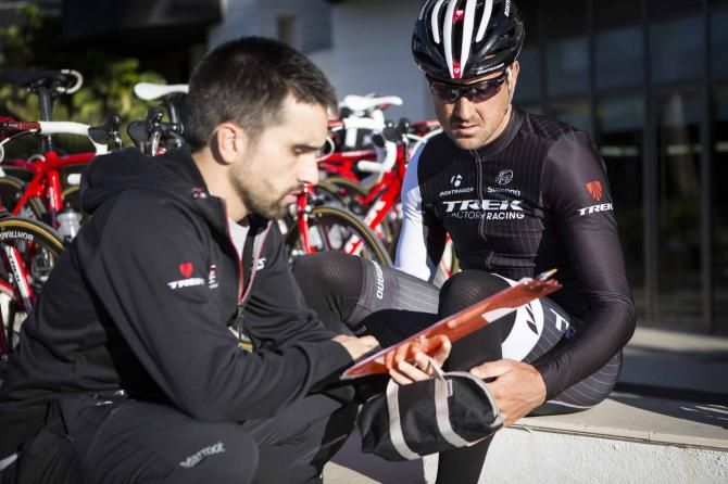 Haimar Zubeldia with coach Josu Larrazabal at the Trek training camp.