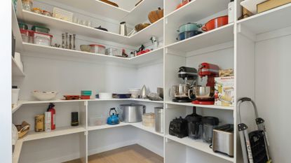 a white spacious walk-in pantry with a light wooden floor