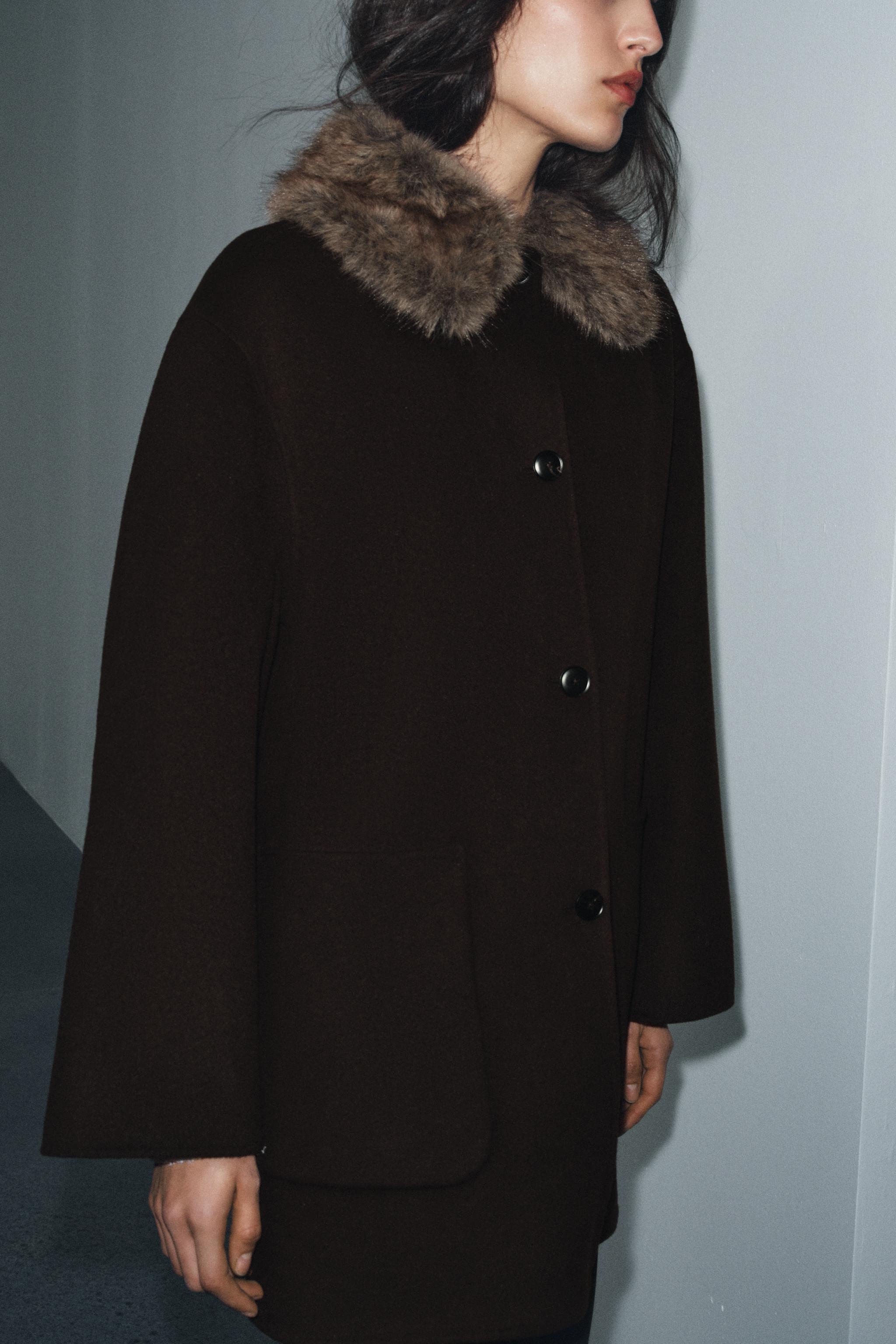 Wool Coat With Faux Fur Collar Zw Collection