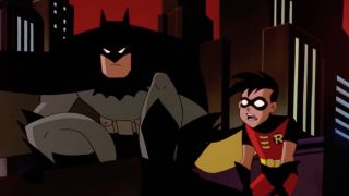 Batman & Robin sit in wait in the shadows and watch for bad guys on a skyscraper, The New Batman Adventures. 